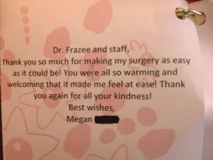 Patient thank you note to Dr. Frazee and staff after treatment